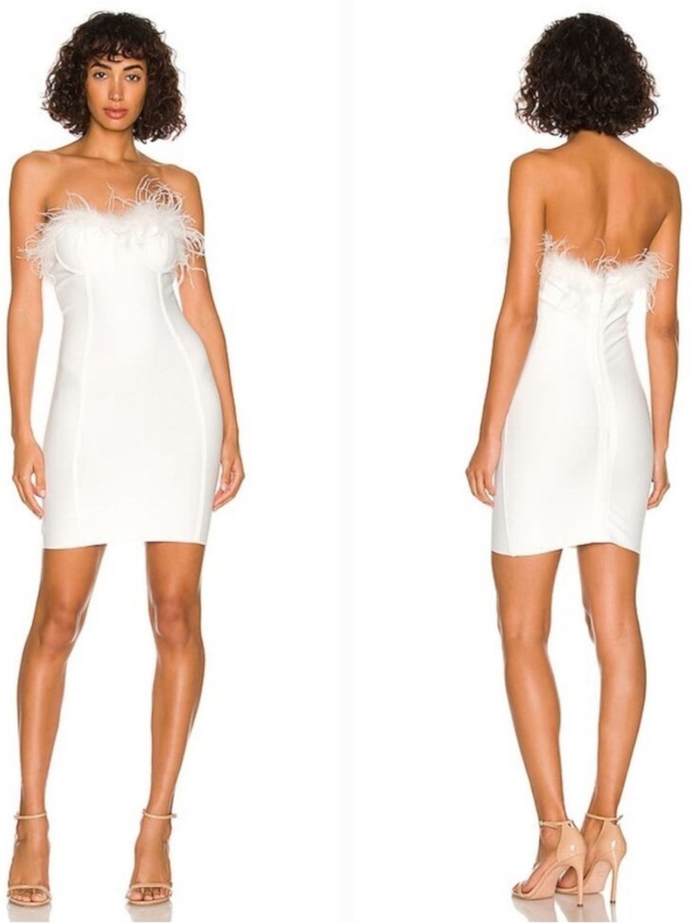 superdown White Strapless Feather-Trim Bodycon Dress
